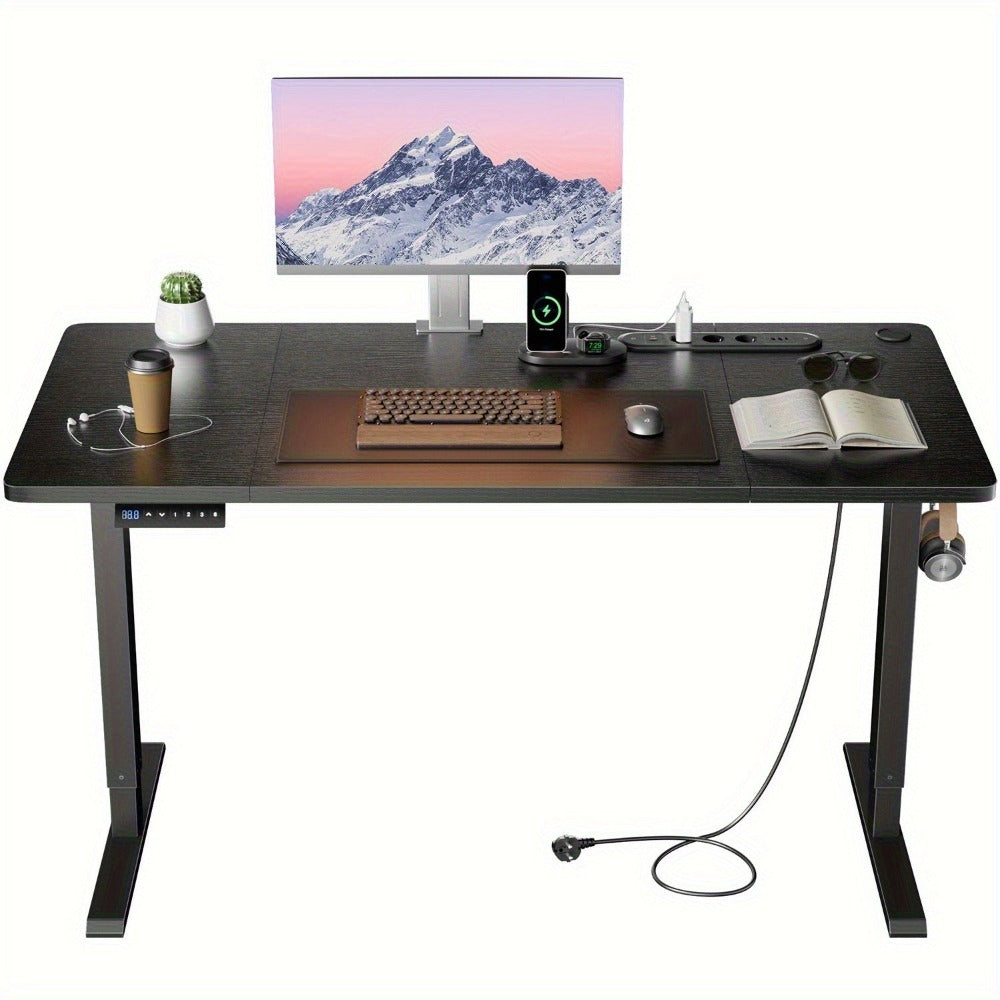 Escritorio Eléctrico Ajustable en Altura con Toma de Corriente Integrada y Puerto USB - Motor Silencioso, 3 Memorias Preestablecidas, Escritorio de Pie para Oficina en Casa, Tamaños Ancho/Estrecho, Madera y Estructura, Protección contra Sobrecalentamiento