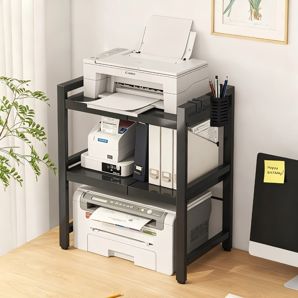 Soporte para impresora de 2/3 niveles con dos ganchos, soporte para bolígrafos, soporte expandible, organizador de escritorio para máquina de fax de oficina, soporte para monitor, estante de almacenamiento de escritorio para oficina en casa, fotocopiadora