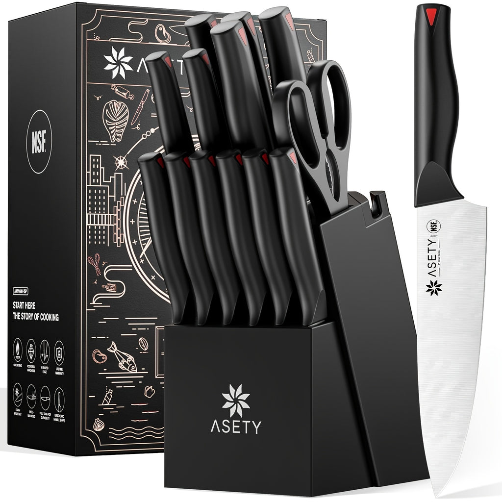 Juego de cuchillos Asety, juego de 15 cuchillos de cocina con bloque afilador incorporado, juego de bloque de cuchillos de acero inoxidable de alto carbono, seguro para alimentos NSF, juegos de cuchillos aptos para lavavajillas para la cocina, elegantes a