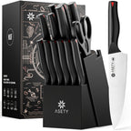 Juego de cuchillos Asety, juego de 15 cuchillos de cocina con bloque afilador incorporado, juego de bloque de cuchillos de acero inoxidable de alto carbono, seguro para alimentos NSF, juegos de cuchillos aptos para lavavajillas para la cocina, elegantes a