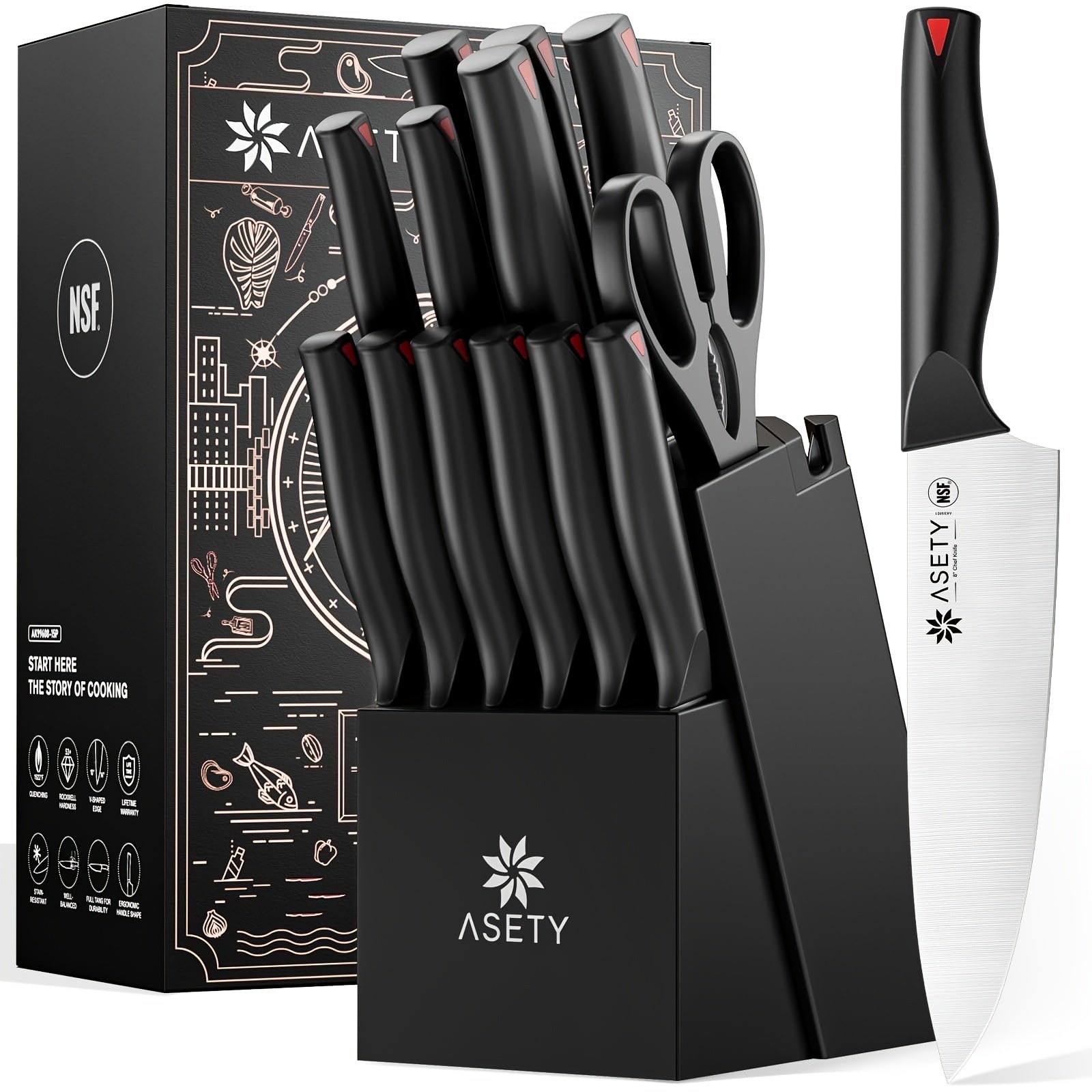 Juego de cuchillos Asety, juego de 15 cuchillos de cocina con bloque afilador incorporado, juego de bloque de cuchillos de acero inoxidable de alto carbono, seguro para alimentos NSF, juegos de cuchillos aptos para lavavajillas para la cocina, elegantes a