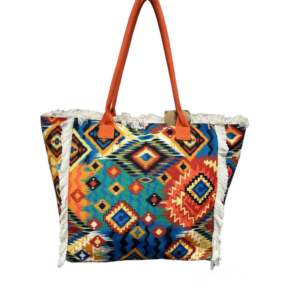 MEJORADA Bolso de playa grande con estampado bohemio, ideal para verano, con flecos de algodón, forro interior y bolsillos, 55×37×19 CM, tejido 100% poliéster