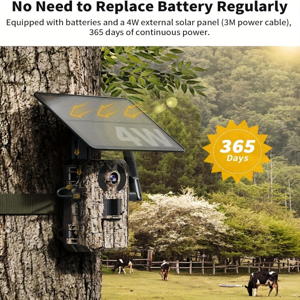Cámara de Senderos Celular 4G LTE, Cámara para Juegos en Vivo 2K con Visión 360°, Tarjeta SIM Interna, Activación por Movimiento, Visión Nocturna a Color, Acceso Remoto desde Teléfono Móvil y Alimentada Solarmente