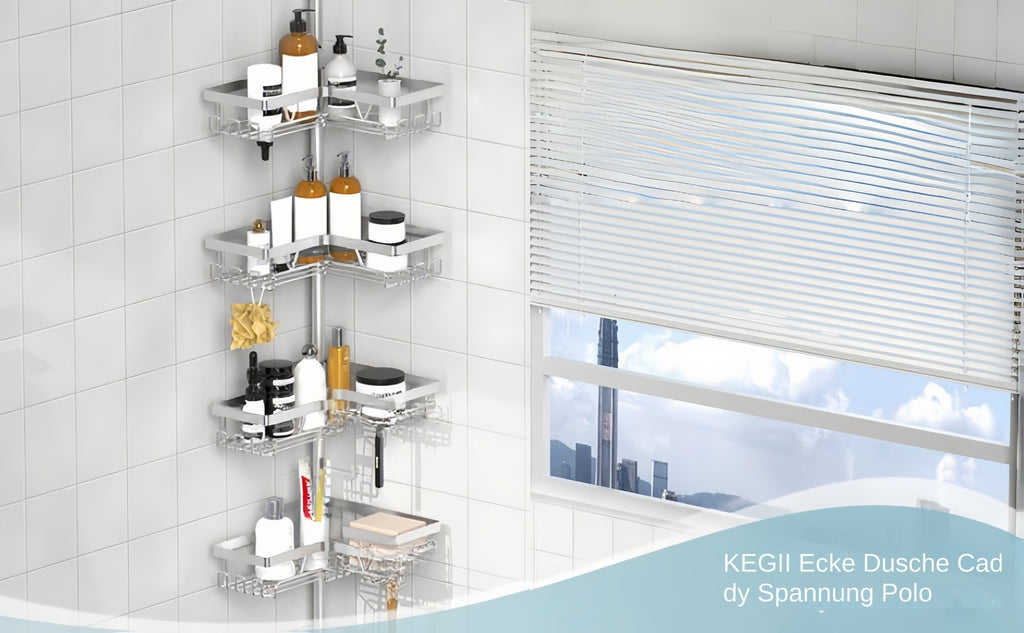 Estante de esquina ajustable de acero inoxidable para baño, 4 niveles, resistente al óxido, con soporte de tensión para ducha, con ganchos y jabonera, ideal para bañera/ducha (63.5-290 cm), organizador de almacenamiento de baño de alta gama sin taladro