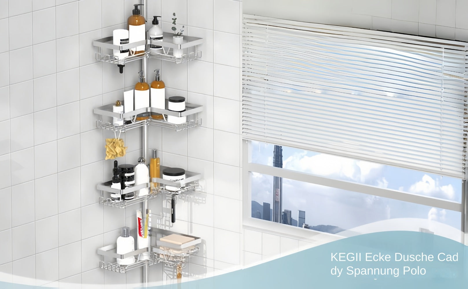 Estante de esquina ajustable de acero inoxidable para baño, 4 niveles, resistente al óxido, con soporte de tensión para ducha, con ganchos y jabonera, ideal para bañera/ducha (63.5-290 cm), organizador de almacenamiento de baño de alta gama sin taladro