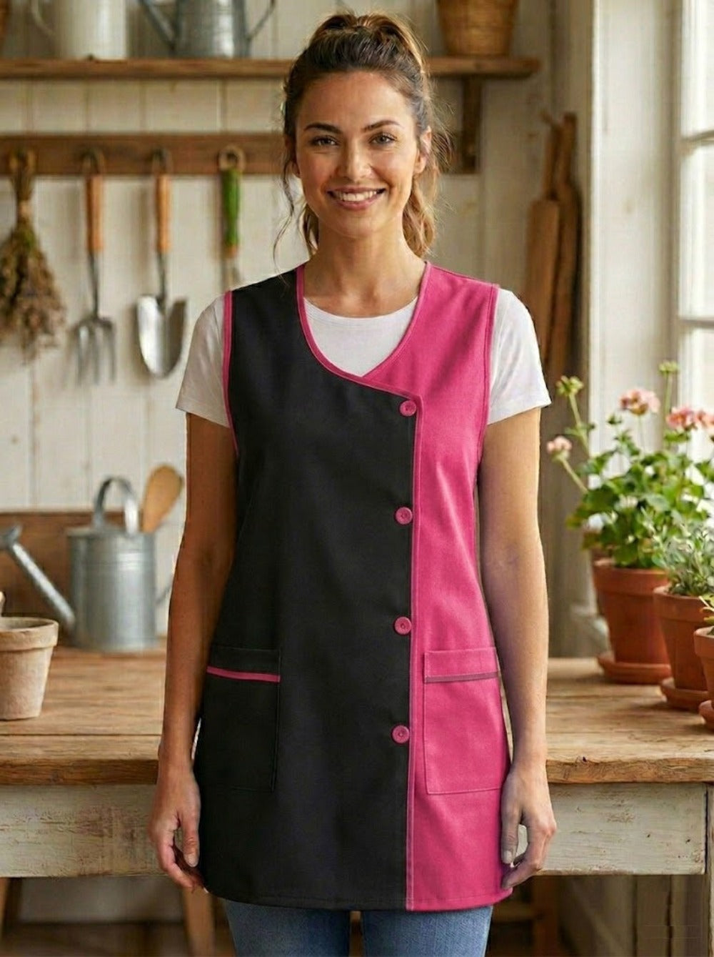 Mandilón de Cocina Liso para Mujer Cómodo y Resistente, Moderno y funcional Detalles: Bolsillos frontales y botones frontales Uso: Cocina, hogar, trabajo y actividades diarias