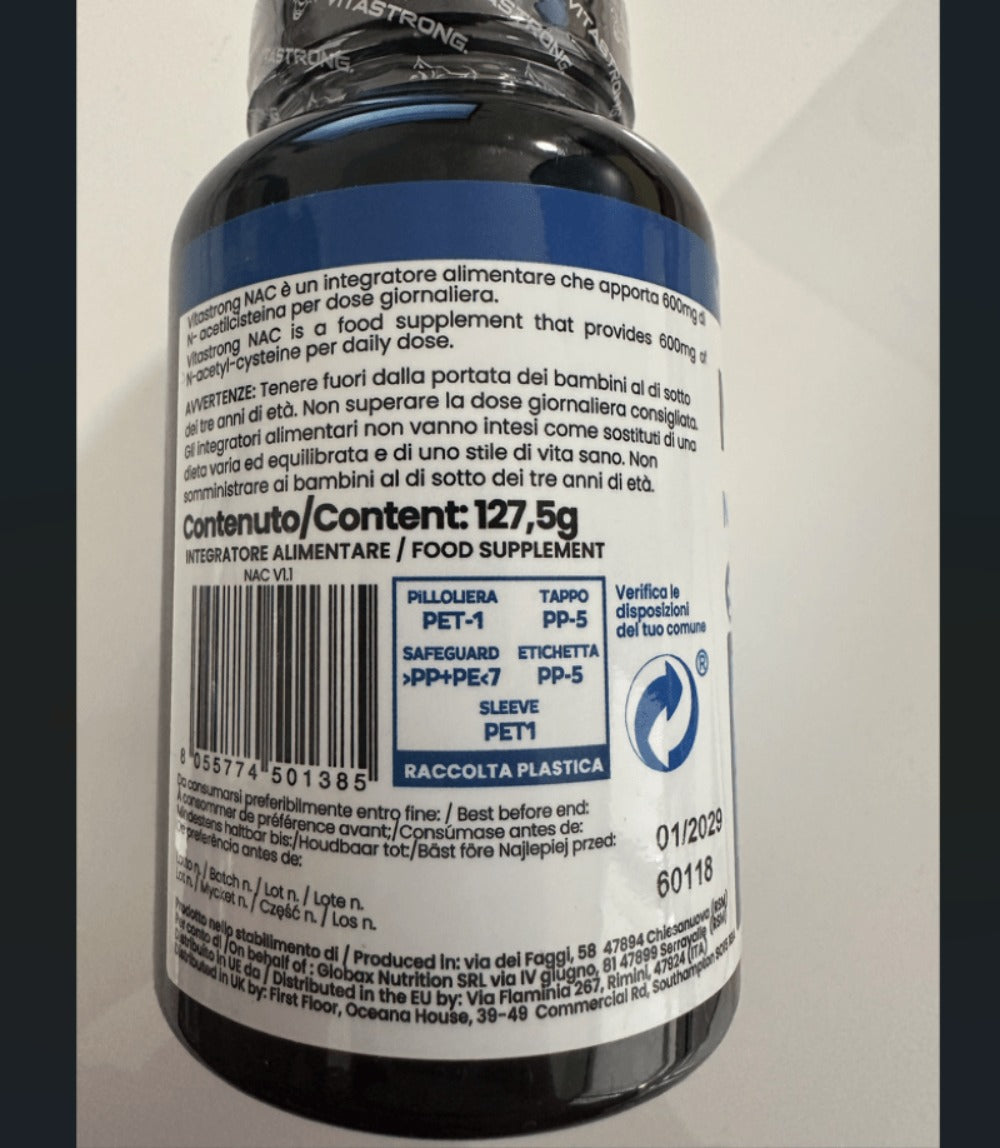 Vitastrong NAC 600 mg 150 comprimidos | Suplemento dietético con N-acetilcisteína de fermentación vegetal, fórmula vegana, 1 comprimido al día