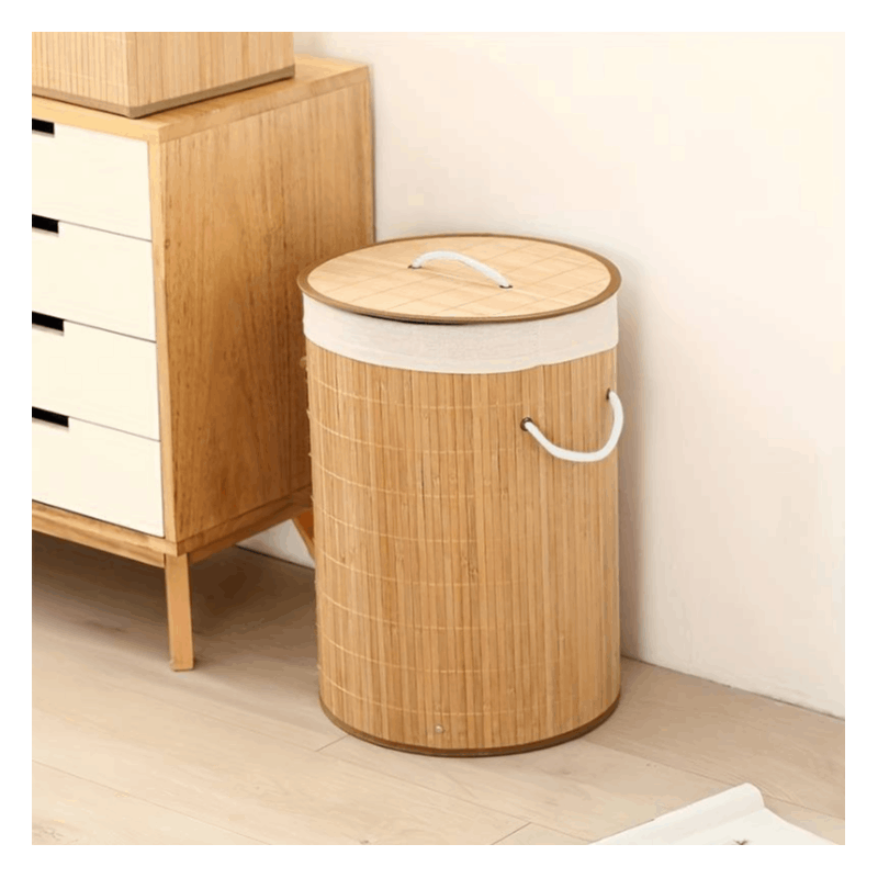 Cesta de bambú para la colada, Cuadrado de 72 litros / Redondo de 55 litros, con saco interior extraíble 1 compartimento con tapa removible y asas, para Lavandería, Dormitorio
