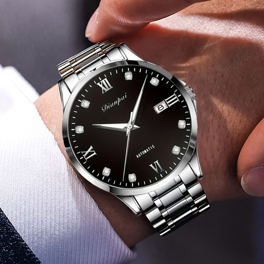 Reloj mecánico automático de negocios para hombre Dianpai, delgado de acero inoxidable con esfera luminosa y calendario, regalo ideal para hombres, sin batería