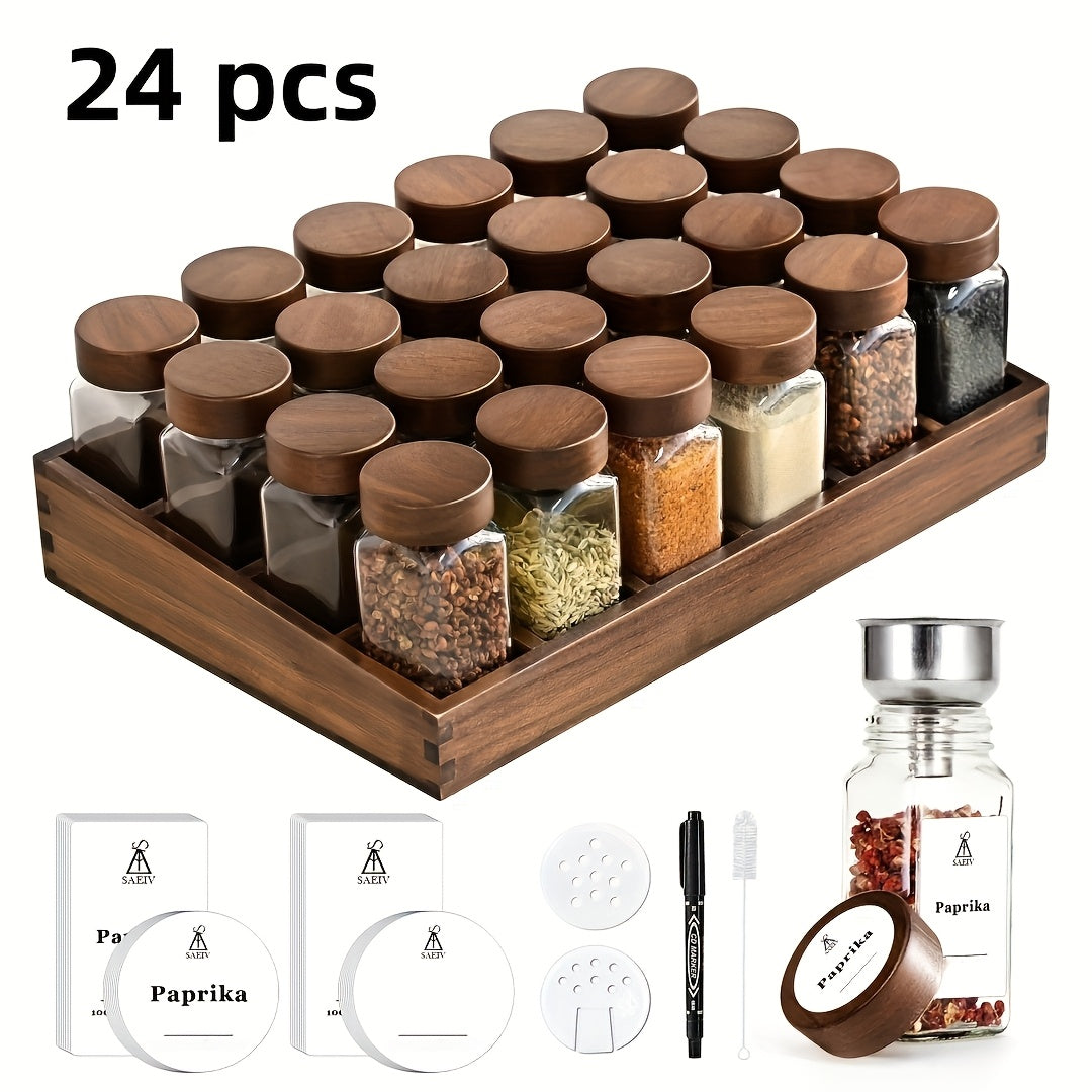 12/24 Piezas de Tarros para Especias y Estante de Madera de Acacia con Compartimentos - Cajón Vertical Adecuado para Despensa, Estante de Gabinete, Estante para Especias con Tarros Etiquetados, Etiquetas para Especias, Contenedores para Almacenamiento de