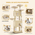 Árbol para Gatos, 180 cm con 8 Postes para Rascar, 3 Plataformas, 2 Cuevas, Cesta, Pelotas de Peluche, Cuerda de Sisal, Adecuado para Gatos de Varios Tamaños, Beige/Gris Claro/Gris Oscuro