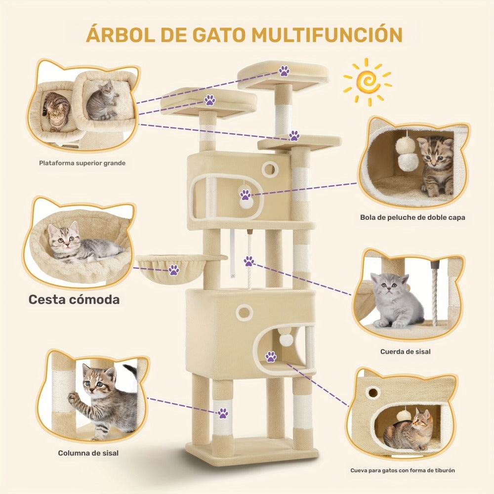 Árbol para Gatos, 180 cm con 8 Postes para Rascar, 3 Plataformas, 2 Cuevas, Cesta, Pelotas de Peluche, Cuerda de Sisal, Adecuado para Gatos de Varios Tamaños, Beige/Gris Claro/Gris Oscuro