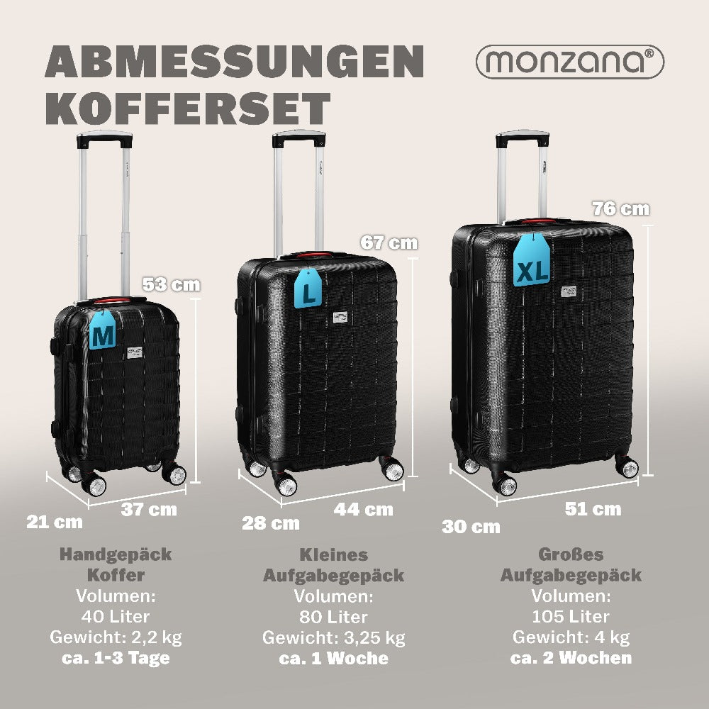 MONZANA® Juego de Maletas de 3 Piezas con Candado TSA, Maletas Rígidas en Tallas M-L-XL, Asas de Gel, 4 Ruedas Gemelas, Pies de Soporte, Maleta de Viaje con Ruedas – Negro, Azul o Champagne