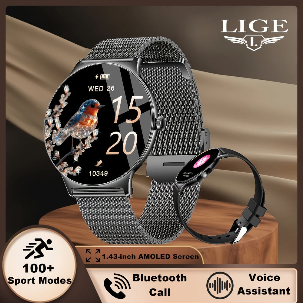 LIGE Smartwatches Diseñados para Mujer con Pantalla Táctil AMOLED de 1.43 Pulgadas, Capaces de Hacer y Recibir Llamadas, un Smartwatch Fitness con Más de 100 Modos Deportivos, un Podómetro, Notificaciones de Mensajes de Texto, Control de Música y Cámara