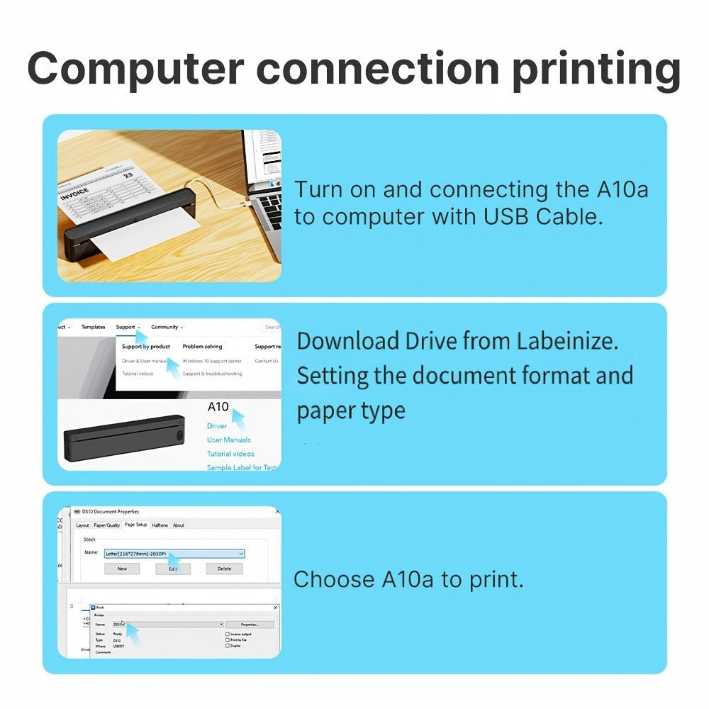 Impresora portátil sin tinta A10a, impresoras portátiles inalámbricas, impresora térmica para teléfono y portátil, impresora móvil para oficina, hogar y escuela, compatible con papel térmico de 21.59 cm x 27.94 cm y A4