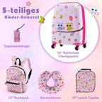 Juego de Equipaje para Niños de 5 Piezas + Mochila, Trolley con Lonchera, Etiqueta de Equipaje y Almohadilla de Cuello, Maleta con Ruedas para Niños y Niñas (Rosa)