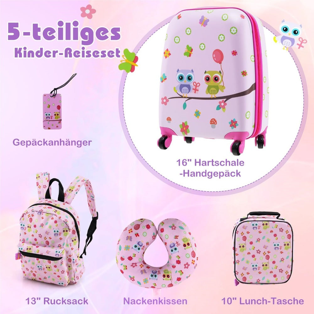 Juego de Equipaje para Niños de 5 Piezas + Mochila, Trolley con Lonchera, Etiqueta de Equipaje y Almohadilla de Cuello, Maleta con Ruedas para Niños y Niñas (Rosa)