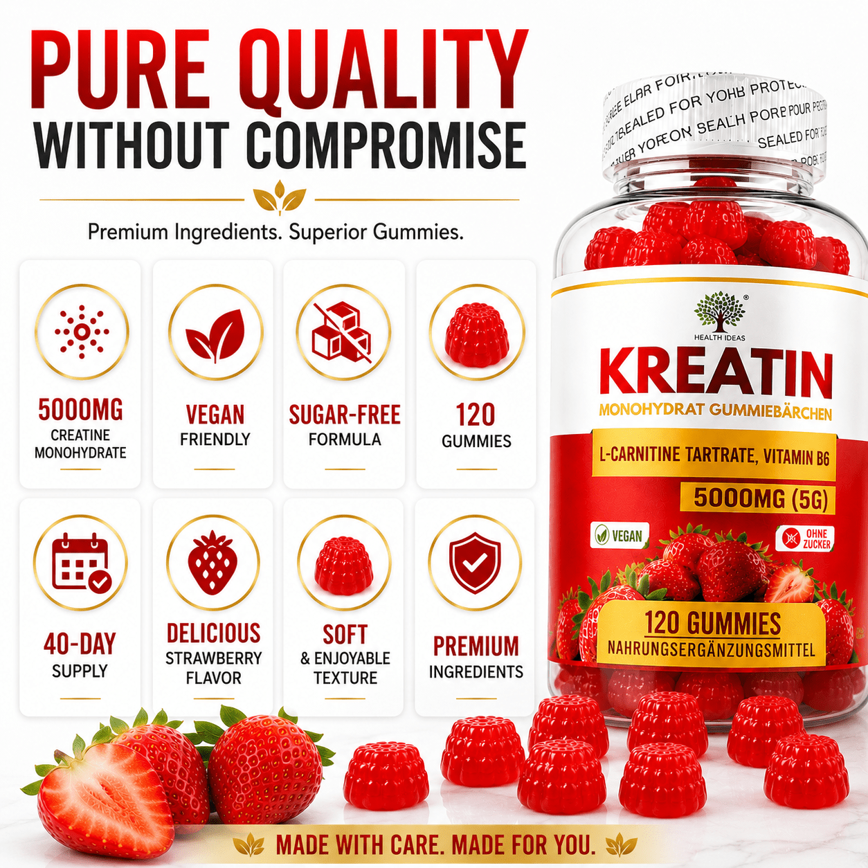Creatina Monohidrato Gomas de Fresa 5000mg (5g) por Porción – 120 Gomas de Fresa Veganas – Con Tartrato de L-Carnitina y Vitamina B6 – Suplemento Alimenticio Sin Azúcar para Adultos – Fórmula Diaria Fácil de Masticar – Alternativa Conveniente a las Polvos