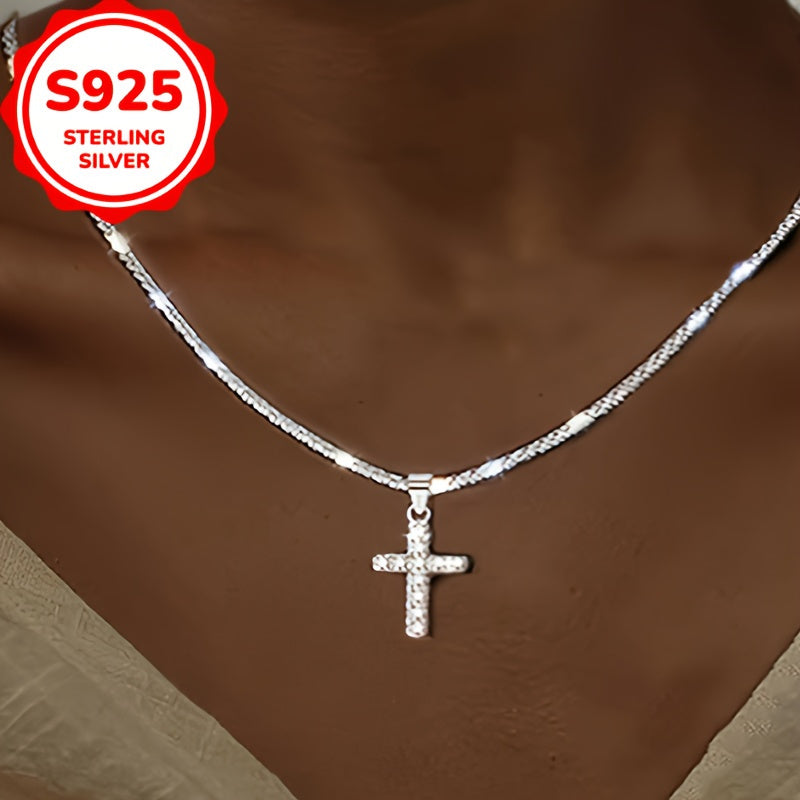 Collar con cruz brillante de plata esterlina S925, cadena de clavícula minimalista y moderna en estilo étnico para mujeres, resalta la personalidad y la elegancia.