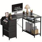 Escritorio Furnishia para Computadora con Bolsillos Laterales, Escritorio Gaming con Cajones y Bolsa de Almacenamiento, Escritorio de Esquina con Estante de Dos Niveles para Dormitorio, Estación de Trabajo, Oficina