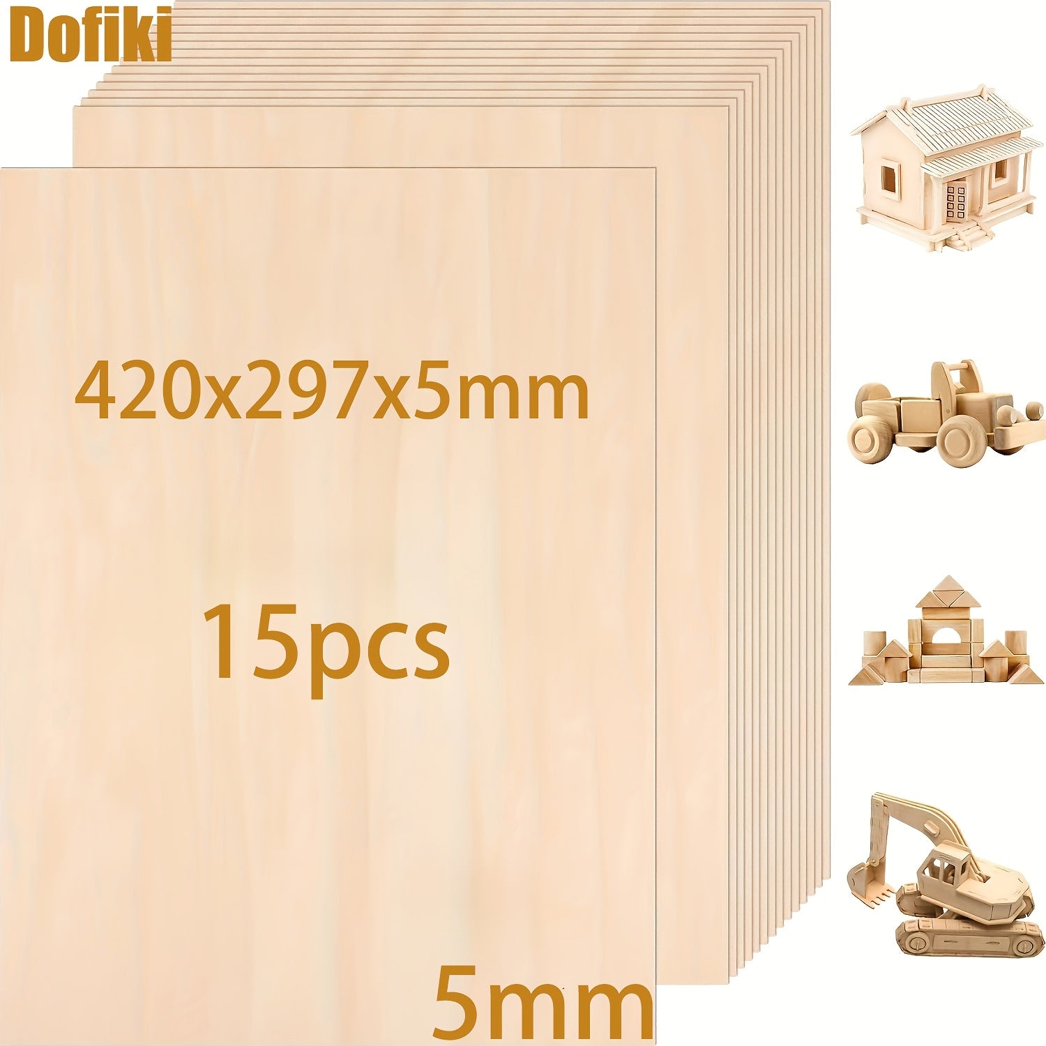 Dofiki 6/15 piezas de contrachapado de tilo 420x297x5mm, tabla de madera A3 hecha a mano, contrachapado de tilo de 5mm, adecuada para proyectos láser, pintura, modelos de bricolaje y manualidades