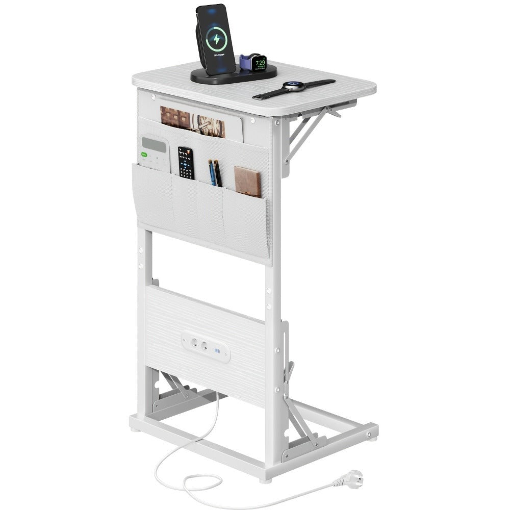 Mesa Auxiliar Plegable con Enchufe y Puertos USB Incorporados, Mesa de Noche Ajustable con Organizador de Almacenamiento para Sofá, Cama, Oficina en Casa