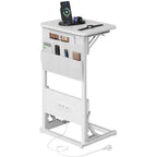 Mesa Auxiliar Plegable con Enchufe y Puertos USB Incorporados, Mesa de Noche Ajustable con Organizador de Almacenamiento para Sofá, Cama, Oficina en Casa