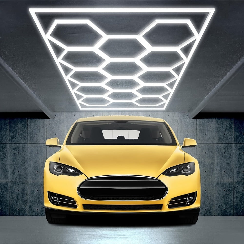 Paquete de 14 luces LED hexagonales con bordes - Luces de garaje, 680W 72420LUMEN luz blanca fría 6500K, iluminación de techo LED hexagonal para garaje, estudio, almacén, taller de detallado de autos