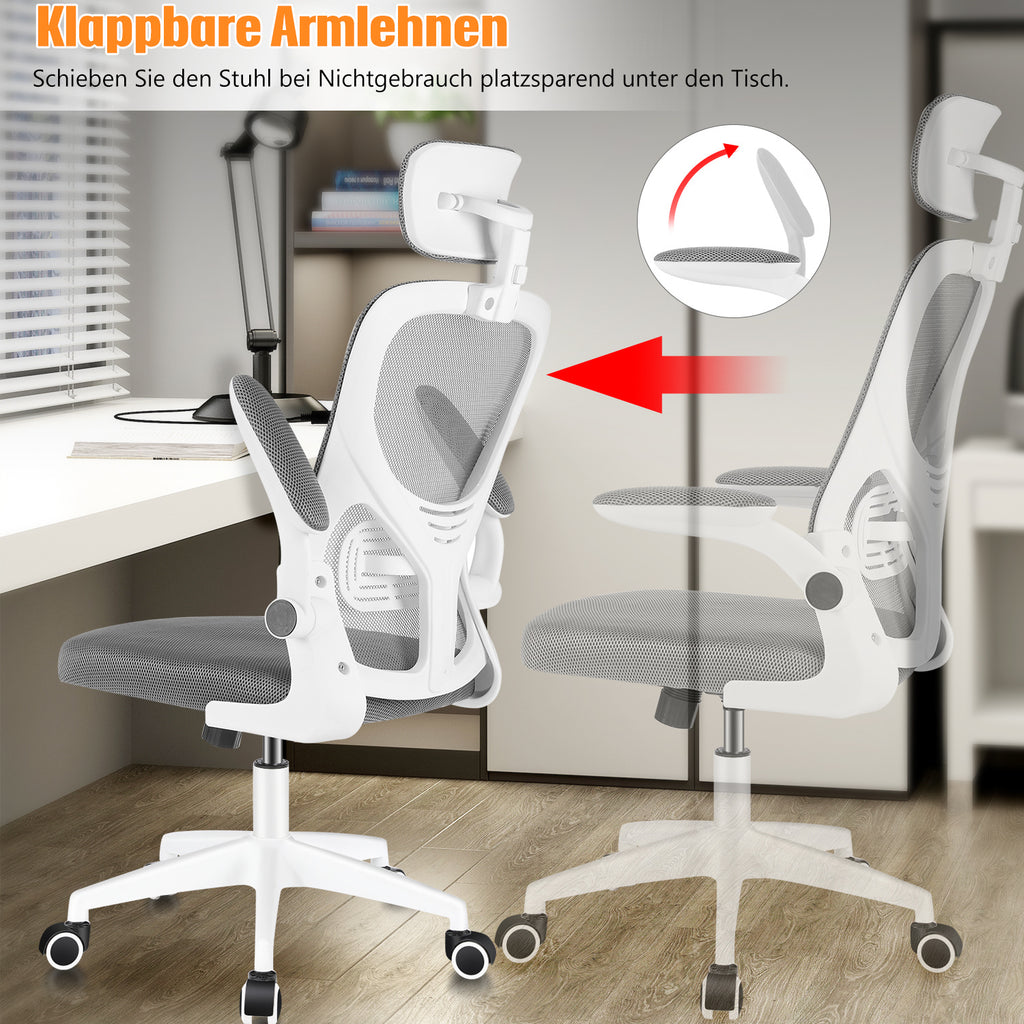 Silla de Oficina con Función de Inclinación de 105°, Silla de Oficina Ergonómica con Soporte Lumbar, Reposacabezas y Reposabrazos Ajustable, Silla Giratoria, Silla de Oficina de Altura Ajustable 120Kg, Blanca