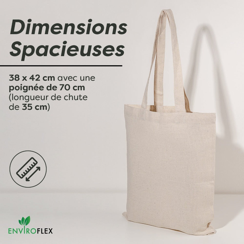 Bolsas de tela Enviroflex de 38 x 42 cm (paquete de 25/100), 100 % algodón natural, reutilizables, con asas largas.