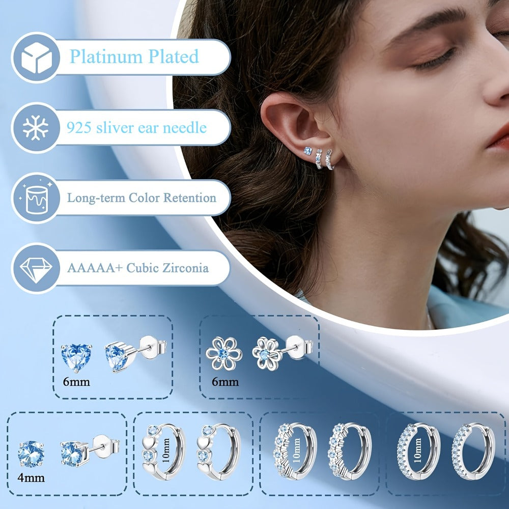 Set de 6 pares de aretes pequeños para mujer, pin de plata 925 hipoalergénico, aretes de cartílago tipo sleeper, aretes de flor, aretes de corazón, aretes de aro, set de aretes rosas, morados y azules para mujer