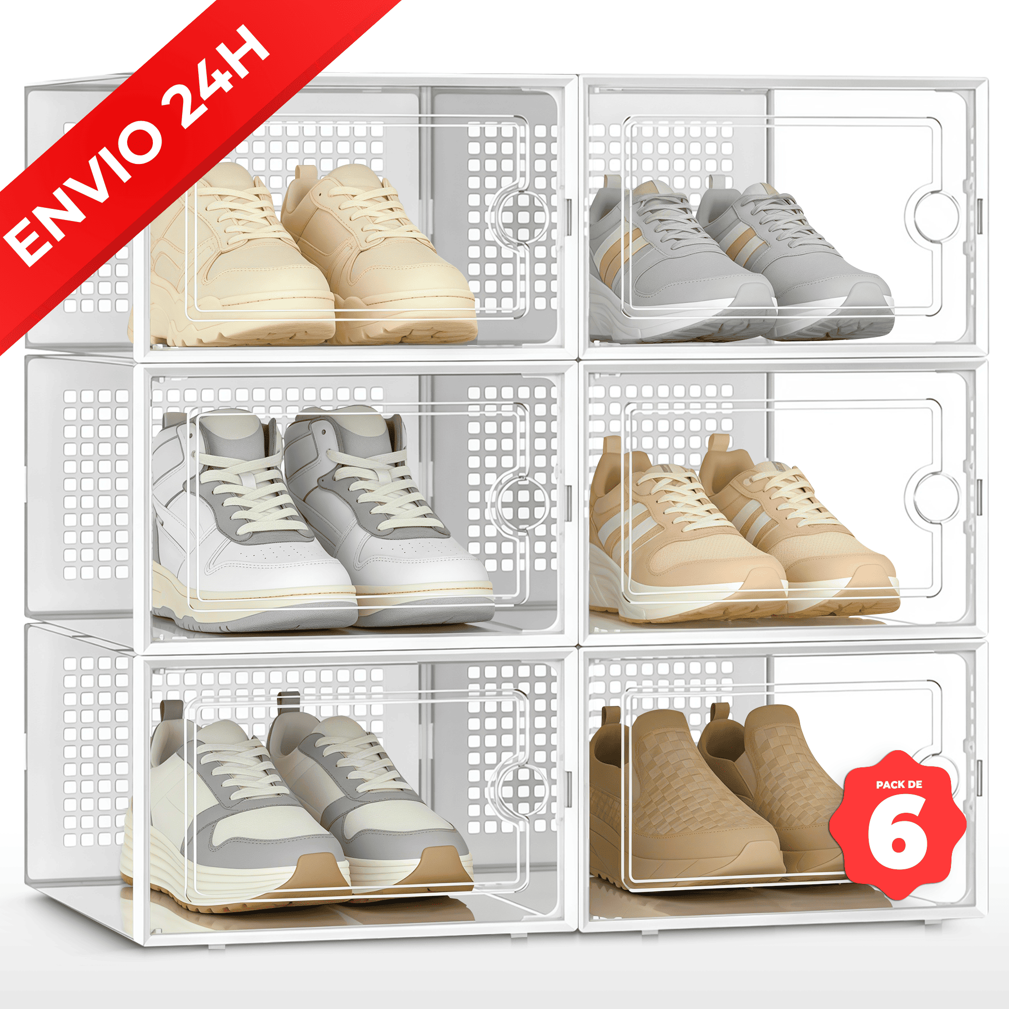 RELAXTY Pack Organizador de Calzado – Cajas DE Zapatos Transparentes Apilables con Apertura Frontal, Sistema Antivuelco y Ventilación