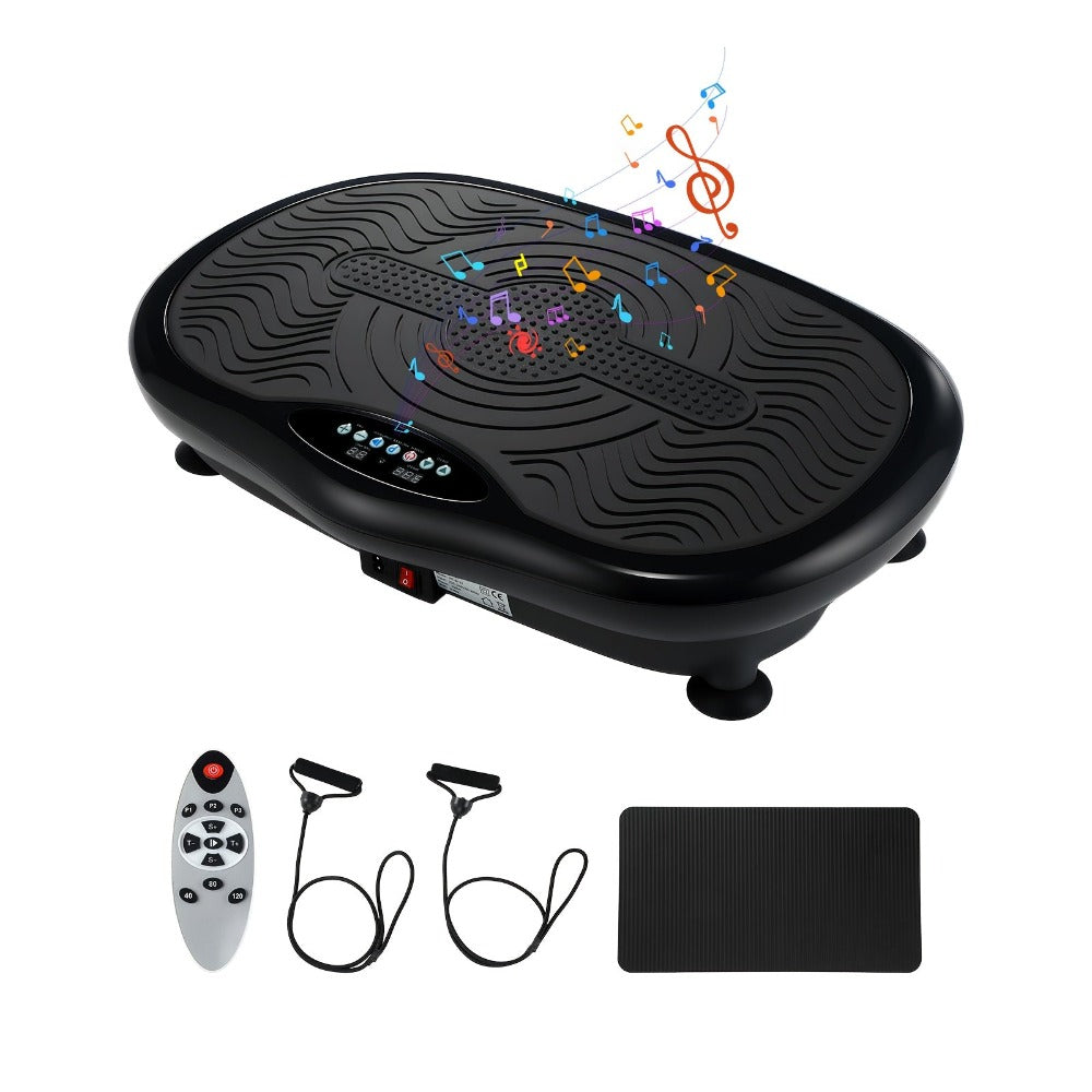 Placa vibratoria inteligente, ajuste de 120 velocidades, motor de 200W, 1 modo manual y 3 modos automáticos, botones de acceso rápido LCD, control remoto + altavoz de música, bandas de resistencia + esterilla de yoga, plataforma de fitness para el hogar p