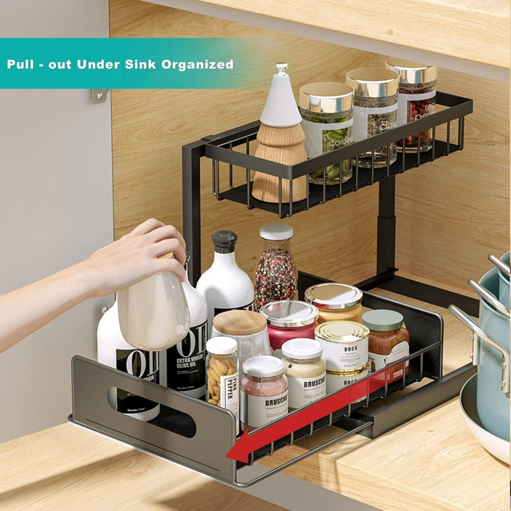 Organizador para debajo del fregadero, estante de almacenamiento para debajo del fregadero, estante organizador extraíble, estante de almacenamiento multifuncional de doble capa para artículos diversos, estante de almacenamiento deslizante de gran capacid