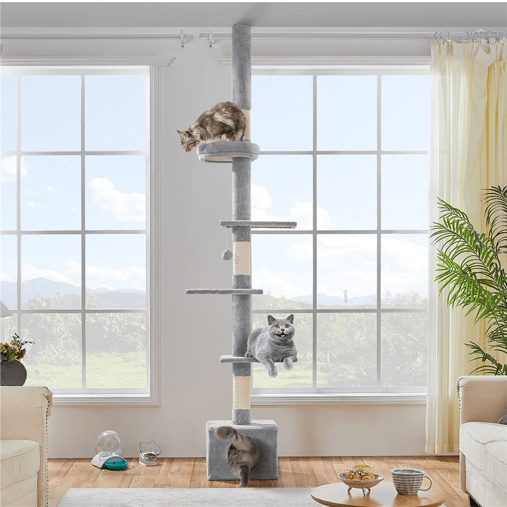 Árbol para gatos Costoffs de techo alto, altura ajustable de 226 cm a 266 cm, poste rascador multinivel con cama para gatos, plataformas y caseta
