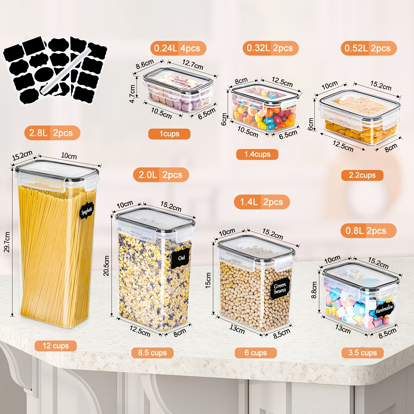¡Un imprescindible para la cocina familiar! Juego de 16 frascos de almacenamiento de cocina, tarro de plástico sellado para alimentos con tapa, complementos de cocina para guardar granos, pasta, harina, comida para mascotas, con etiquetas y marcadores, al