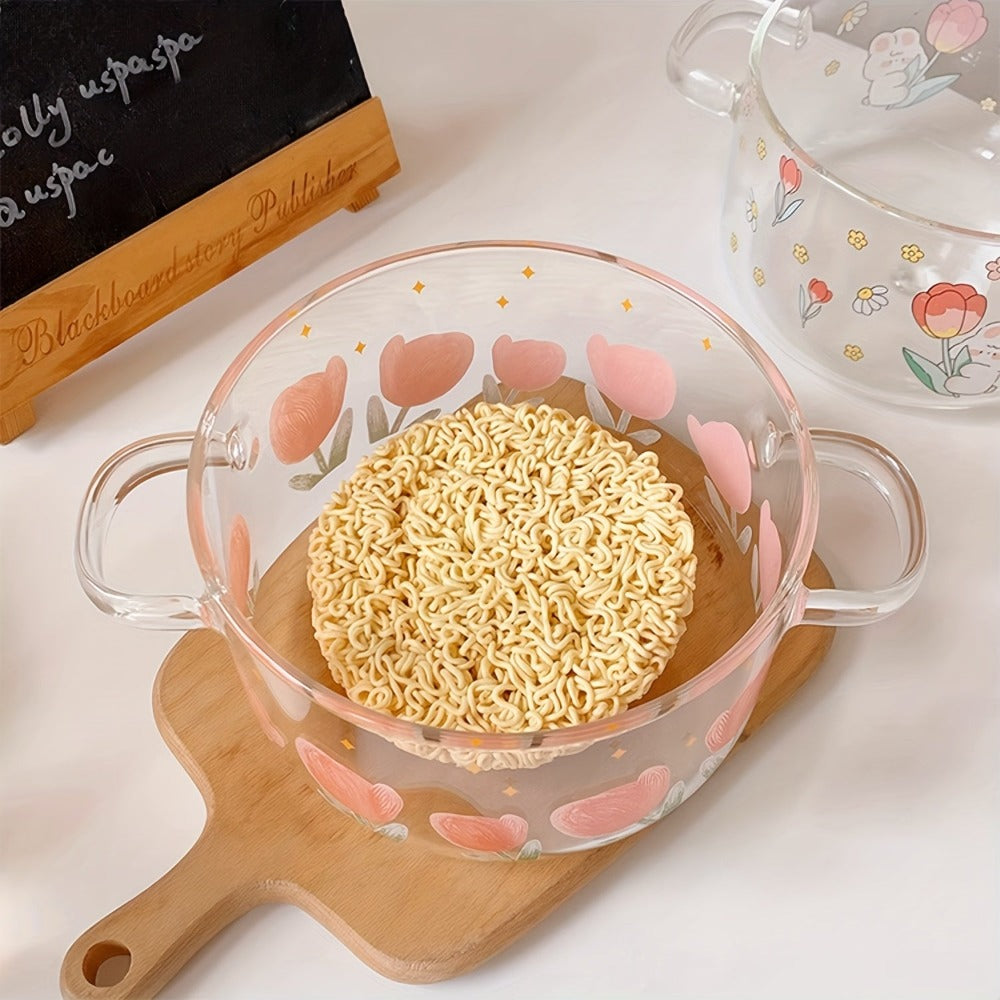 1 pieza de olla de vidrio con estampado de tulipán para sopa, 1500ml/50.7oz. Hecha de vidrio de borosilicato, adecuada para estufas de gas, estufas portátiles, estufas de cartucho, cerámicas eléctricas, no apta para cocinas por inducción, ollita pequeña c