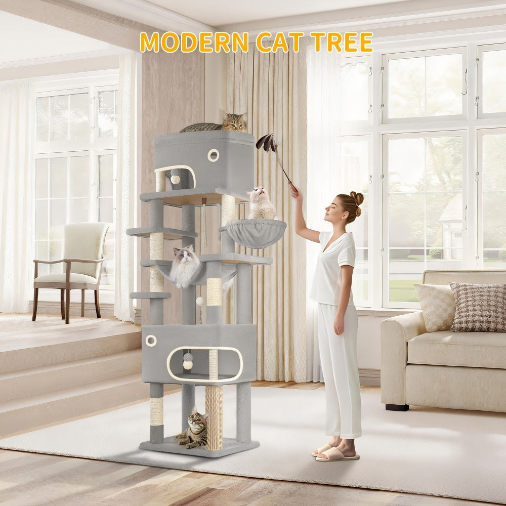 Árbol para Gatos, 203 cm con Plataforma Grande, Cueva Doble, 7 Postes Rascadores Pomponas Reposadería Hamaca Adecuado Para Todo TipodeGato Gris Claro/grisescuro Beige