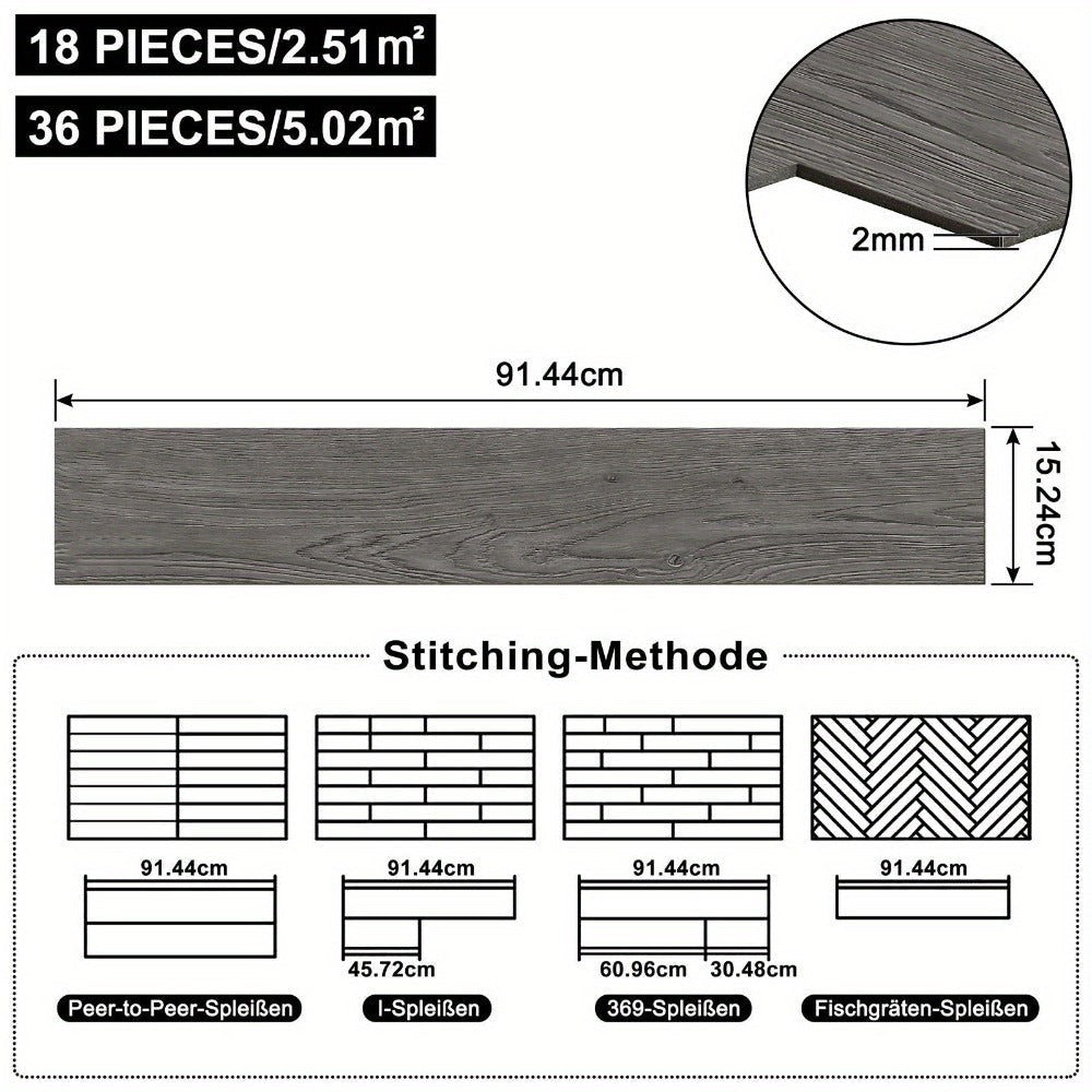 Piso de PVC, Piso de Vinilo 91.44X15.24X0.2Cm, Azulejos Autoadhesivos 18 piezas para 2.5M², 36 piezas para 5M², Piso de Vinilo con Clic, Laminado Adhesivo con Efecto Madera, Roble Cálido/Negro Roble/Beige-Gris/Roble Blanco/Gris