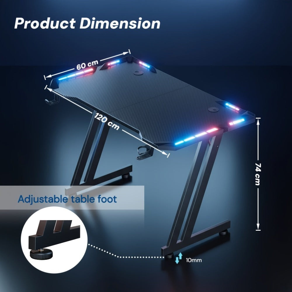 Escritorio de oficina para ordenador con LED y patas en forma de Z, escritorio gaming grande de fibra de carbono, estación de trabajo resistente para oficina en casa, escritorio para ordenador con alfombrilla para ratón, portavasos y soporte para auricula