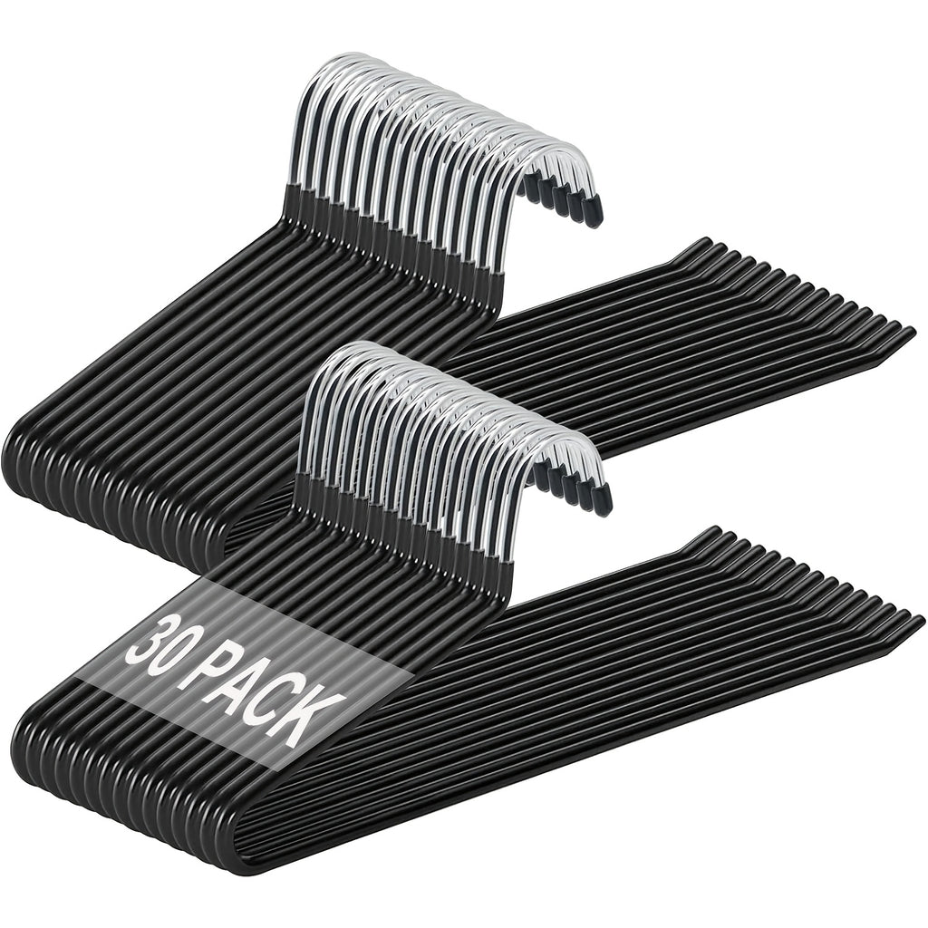 Una colección de 30 perchas doradas antideslizantes diseñadas para pantalones, con un diseño abierto que ahorra espacio. Estas perchas versátiles son ideales para sujetar pantalones, bufandas, jeans, toallas y más, disponibles en negro, blanco y gris.