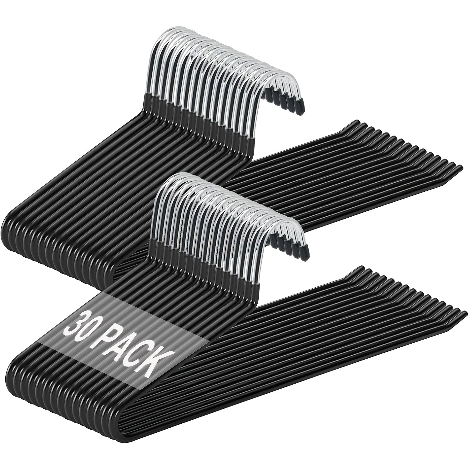 Una colección de 30 perchas doradas antideslizantes diseñadas para pantalones, con un diseño abierto que ahorra espacio. Estas perchas versátiles son ideales para sujetar pantalones, bufandas, jeans, toallas y más, disponibles en negro, blanco y gris.