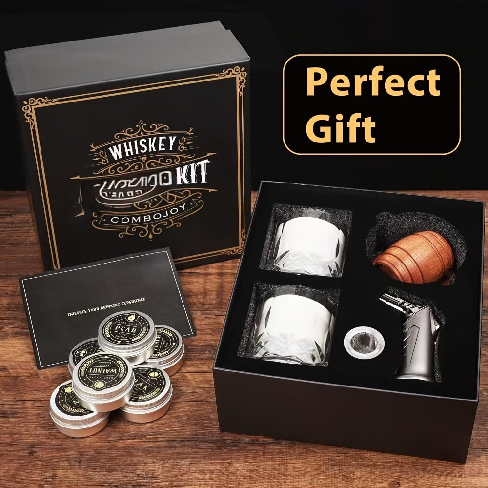 Kit Ahumador de Whisky con Antorcha - 6 Sabores de Leña en Chip, 2 Vasos, 2 Moldes de Hielo - Kit Infusor Ahumador de Cocktail, Kit Ahumador de Bebidas Old Fashioned, Regalos de Cumpleaños de Bourbon Whisky para Hombres, Papá (NO Butano)