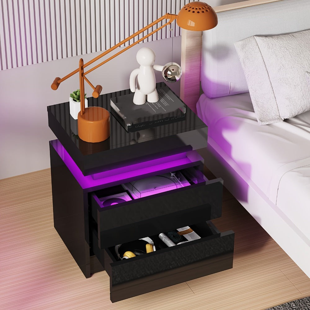 Mesita de noche LED con 2/3 cajones y 1 cajón superior, mesita de noche con brillo intenso en 4 lados, colores LED RGB, mesita auxiliar para dormitorio, sala de estar, muebles para el hogar, negro