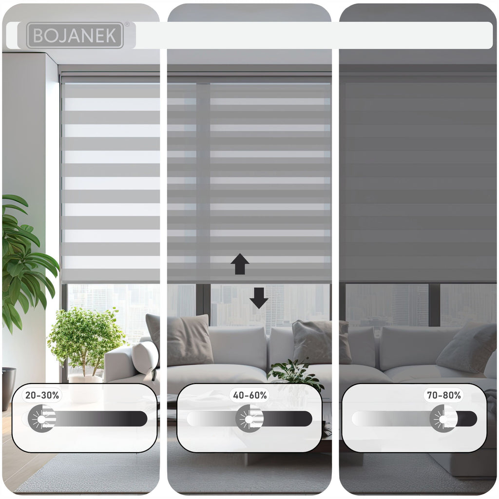 Persiana Día y Noche - NEGRA - 32 Tamaños - BOJANEK DÍA Y NOCHE - Instalación No Invasiva en Ventanas, No Requiere Taladrar, Ajuste de Cadena, Soportes Ajustables para Diferentes Grosos de Ventanas, Diseño Moderno, Protección de Luz y Privacidad, Perfecta