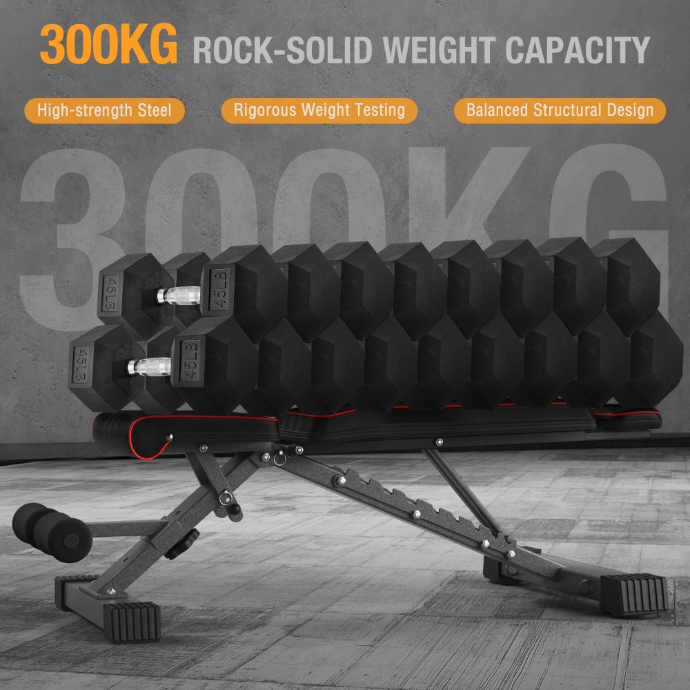 Banco de Pesas Ajustable, Banco de Entrenamiento Plegable con Capacidad de 299.37 KG, Soporte Extendido para Cabeza, Cuello y Columna, Banco Inclinado, Declinado y Plano para Entrenamiento de Fuerza en Gimnasio en Casa