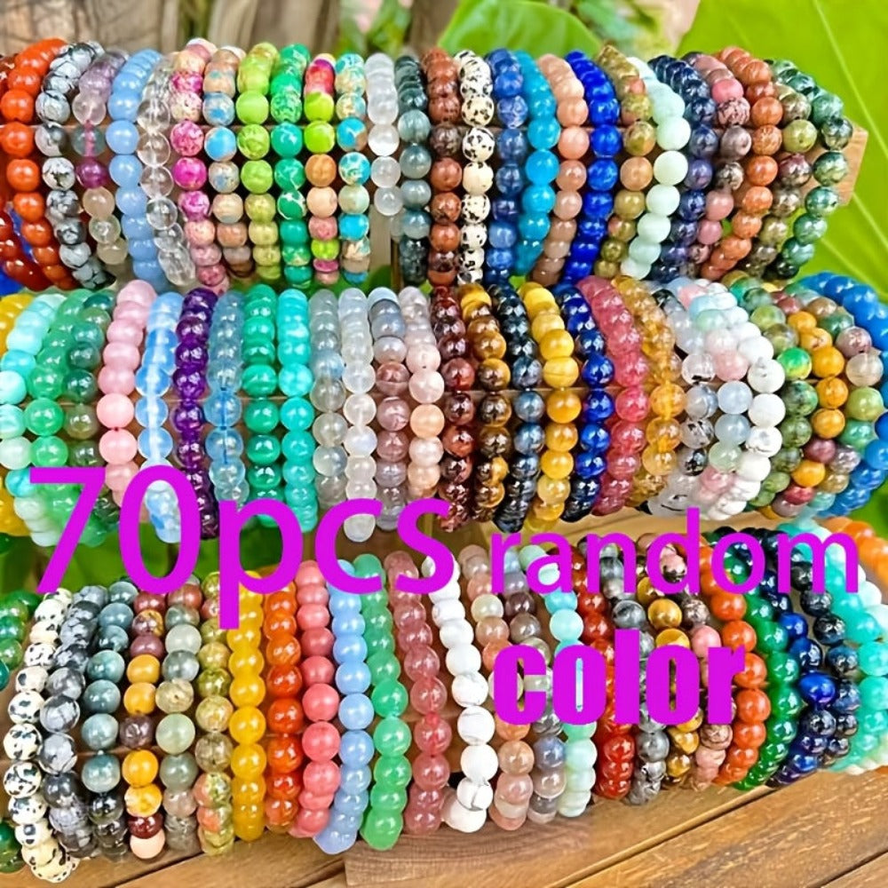 70 pulseras elásticas de estilo bohemio en colores aleatorios con cuentas redondas de 8 mm - Materiales naturales aptos tanto para hombres como para mujeres, cuentas de piedra artificial coloridas, cordones elásticos en colores aleatorios, adecuadas para