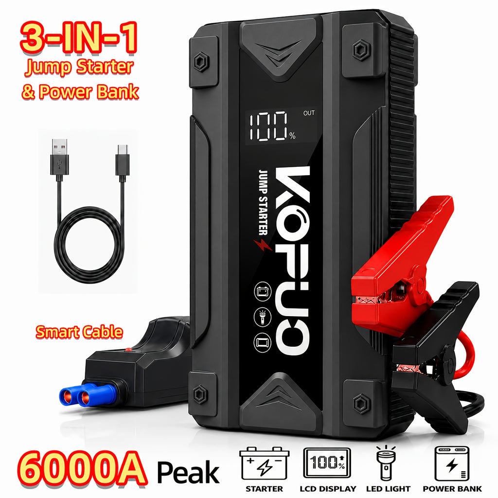 Arrancador portátil de batería de coche KOPUO 6000A - Herramienta profesional de mecánico automotriz (hasta 8.5L gasolina/7L diésel) Banco de baterías de emergencia de 12V con pinzas de seguridad inteligentes, pantalla LCD, diseño de luz LED ultrabrillant