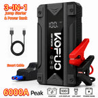 Arrancador portátil de batería de coche KOPUO 6000A - Herramienta profesional de mecánico automotriz (hasta 8.5L gasolina/7L diésel) Banco de baterías de emergencia de 12V con pinzas de seguridad inteligentes, pantalla LCD, diseño de luz LED ultrabrillant