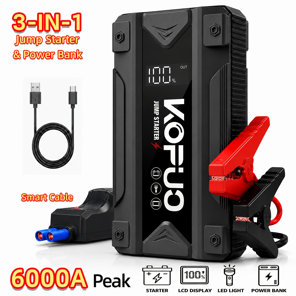 Arrancador portátil de batería de coche KOPUO 6000A - Herramienta profesional de mecánico automotriz (hasta 8.5L gasolina/7L diésel) Banco de baterías de emergencia de 12V con pinzas de seguridad inteligentes, pantalla LCD, diseño de luz LED ultrabrillant